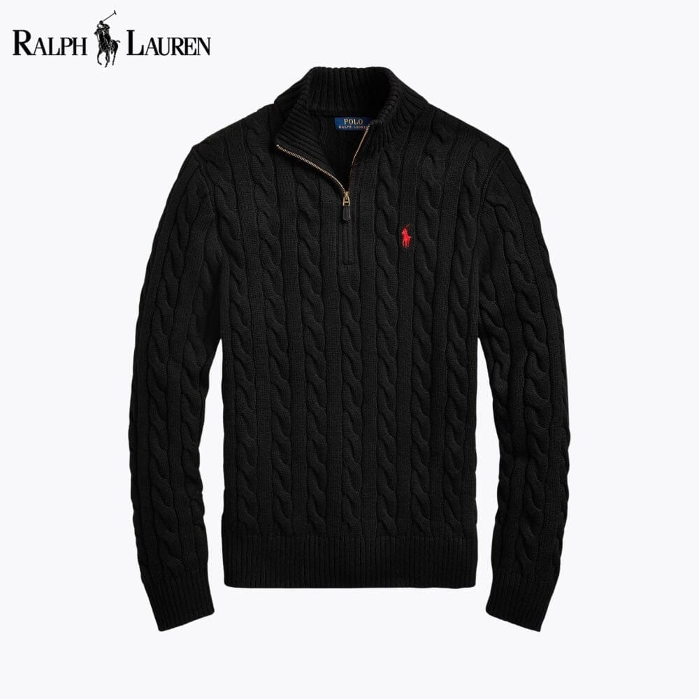 RL Chunky Cable-Knit Cotton Quarter-Zip Sweater Ralph Lauren Luxvian Black S