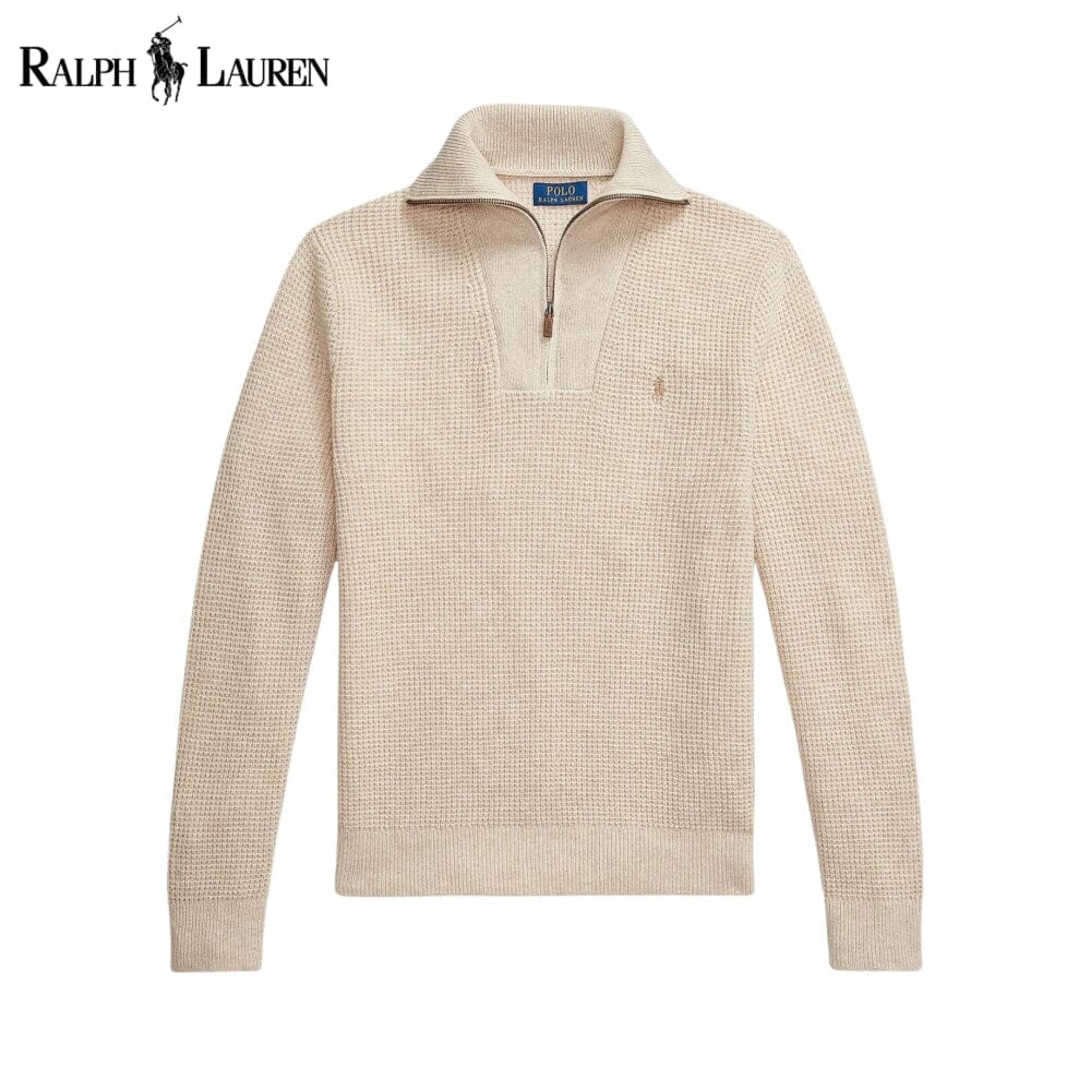 RL Waffle-Knit Wool-Cotton Quarter-Zip Sweater Ralph Lauren Luxvian Cream S