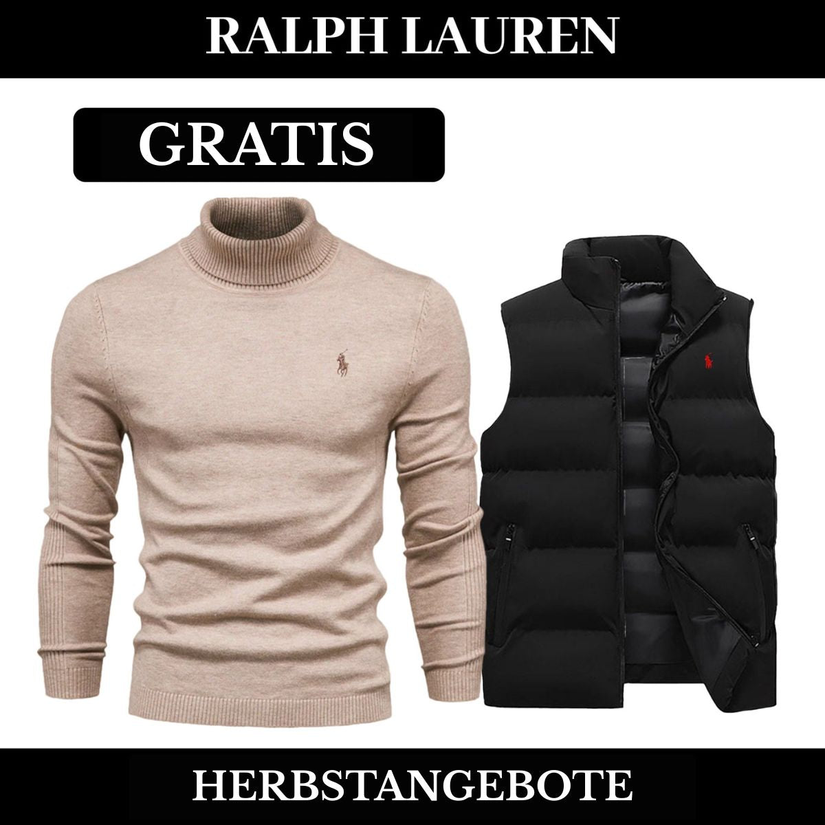 RL Weste + Gratis-Pullover (LAGERRĂUMUNG) Ralph Lauren Luxvian NoirSchwarz Beige M