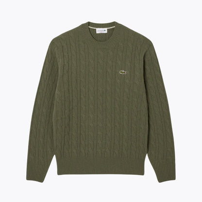 LC Cable Knit Carded Wool Crew Neck Sweater Lacoste Luxvian Khaki S 
