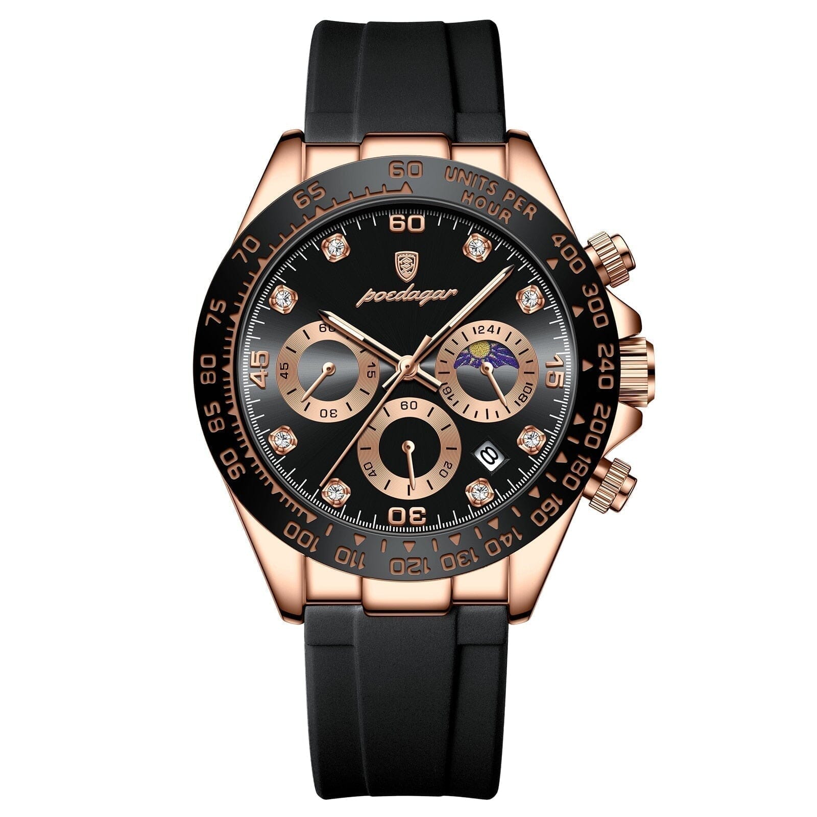 POEDAGAR Watch Chronograph Fase Date Poedagar Luxvian Rose Gold Black 