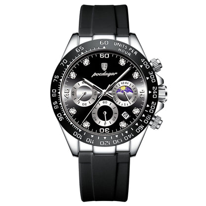 POEDAGAR Watch Chronograph Fase Date Poedagar Luxvian Silver Black 